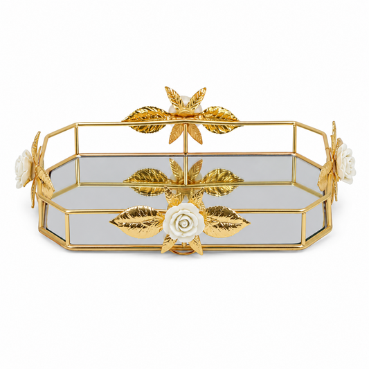Zeyve Gold Leaf Mirrored Serving Tray with Floral Accents