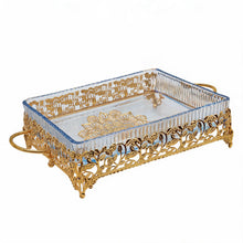 Ornate Rectangular Glass Serving Tray with Gold Floral Frame