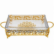 Ornate Rectangular Glass Serving Tray with Gold Floral Frame