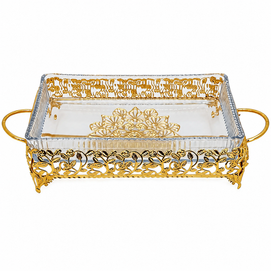 Ornate Rectangular Glass Serving Tray with Gold Floral Frame