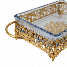 Ornate Rectangular Glass Serving Tray with Gold Floral Frame