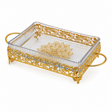 Ornate Rectangular Glass Serving Tray with Gold Floral Frame