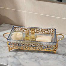 Ornate Rectangular Glass Serving Tray with Gold Floral Frame