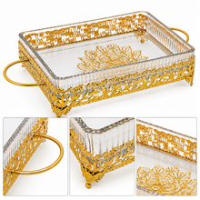 Ornate Rectangular Glass Serving Tray with Gold Floral Frame