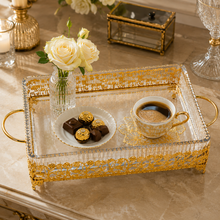 Ornate Rectangular Glass Serving Tray with Gold Floral Frame