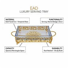 Ornate Rectangular Glass Serving Tray with Gold Floral Frame