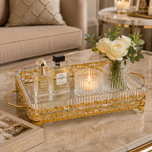 Ornate Rectangular Glass Serving Tray with Gold Floral Frame
