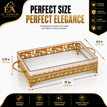 Ornate Rectangular Glass Serving Tray with Gold Floral Frame