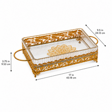 Ornate Rectangular Glass Serving Tray with Gold Floral Frame