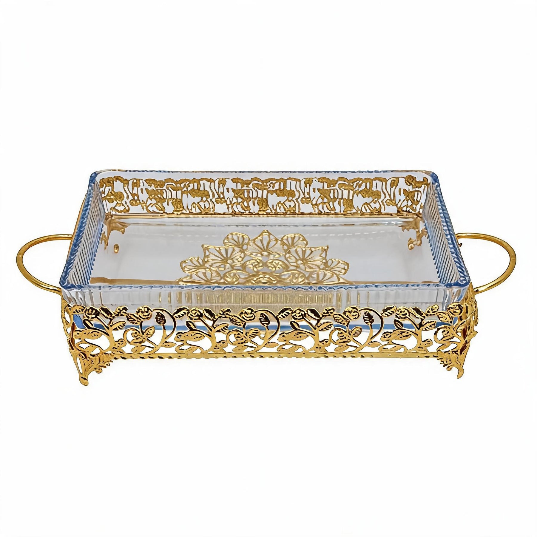 Ornate Rectangular Glass Serving Tray with Gold Floral Frame