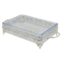 Ornate Rectangular Glass Serving Tray with Silver Floral Frame