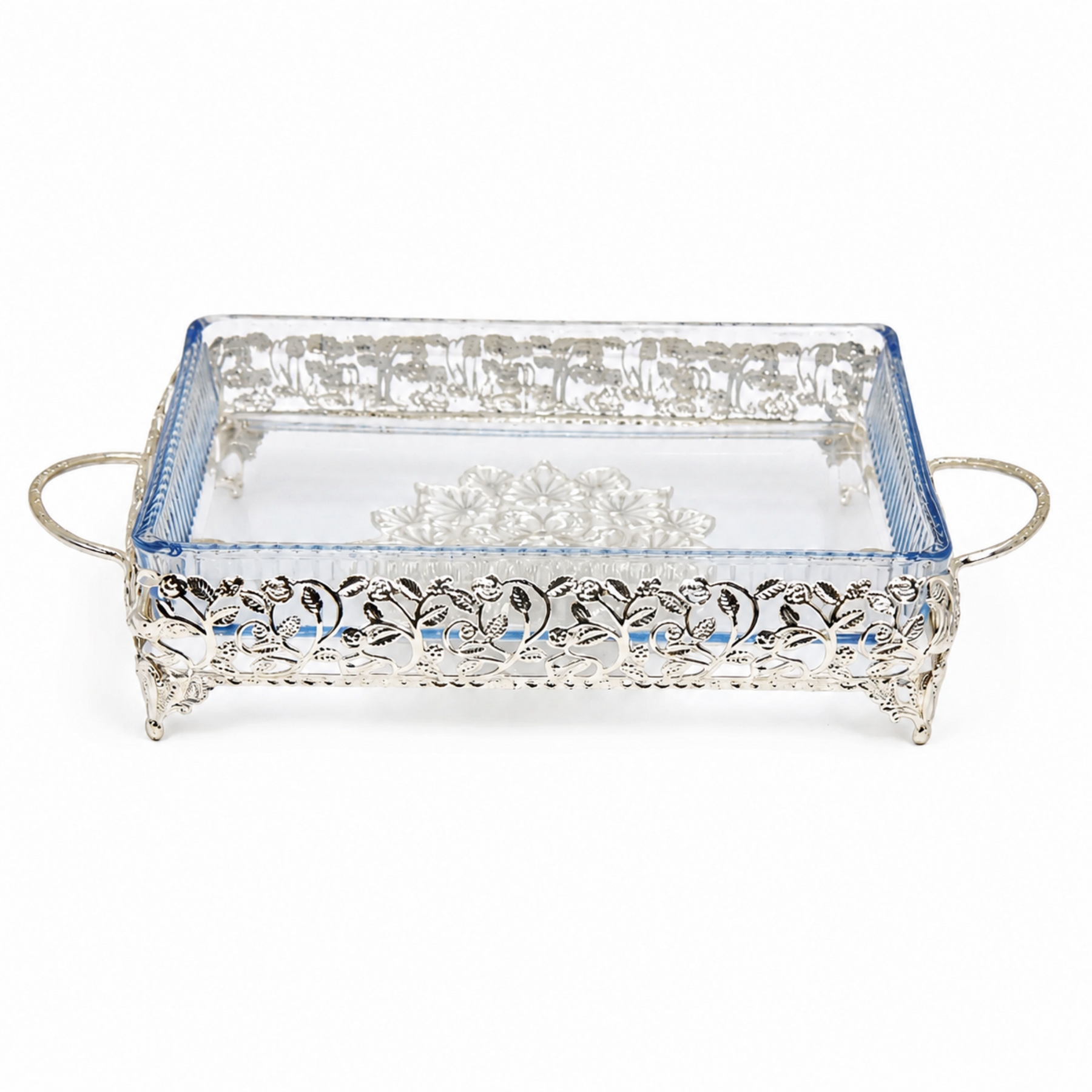 Ornate Rectangular Glass Serving Tray with Silver Floral Frame
