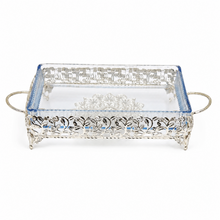 Ornate Rectangular Glass Serving Tray with Silver Floral Frame
