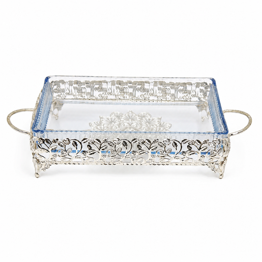 Ornate Rectangular Glass Serving Tray with Silver Floral Frame