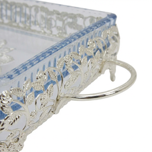 Ornate Rectangular Glass Serving Tray with Silver Floral Frame
