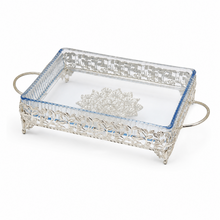 Ornate Rectangular Glass Serving Tray with Silver Floral Frame