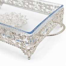 Ornate Rectangular Glass Serving Tray with Silver Floral Frame