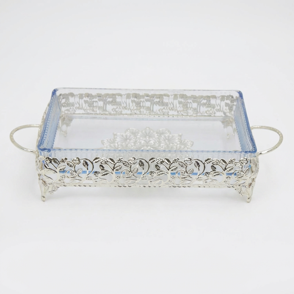 Ornate Rectangular Glass Serving Tray with Silver Floral Frame