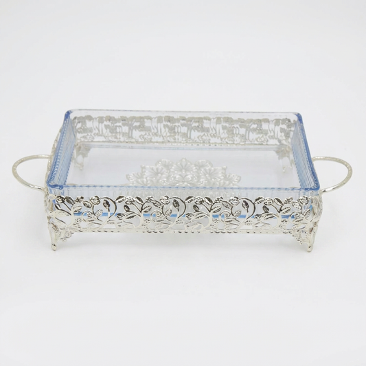 Ornate Rectangular Glass Serving Tray with Silver Floral Frame
