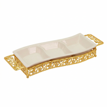 ZEYVE Luxury Triple-Section Ceramic Serving Dish with Gold Metal Stand