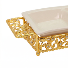 ZEYVE Luxury Triple-Section Ceramic Serving Dish with Gold Metal Stand
