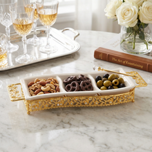 ZEYVE Luxury Triple-Section Ceramic Serving Dish with Gold Metal Stand