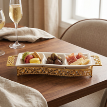 ZEYVE Luxury Triple-Section Ceramic Serving Dish with Gold Metal Stand
