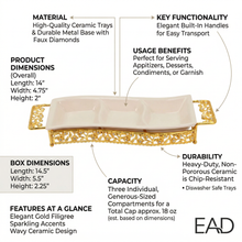 ZEYVE Luxury Triple-Section Ceramic Serving Dish with Gold Metal Stand