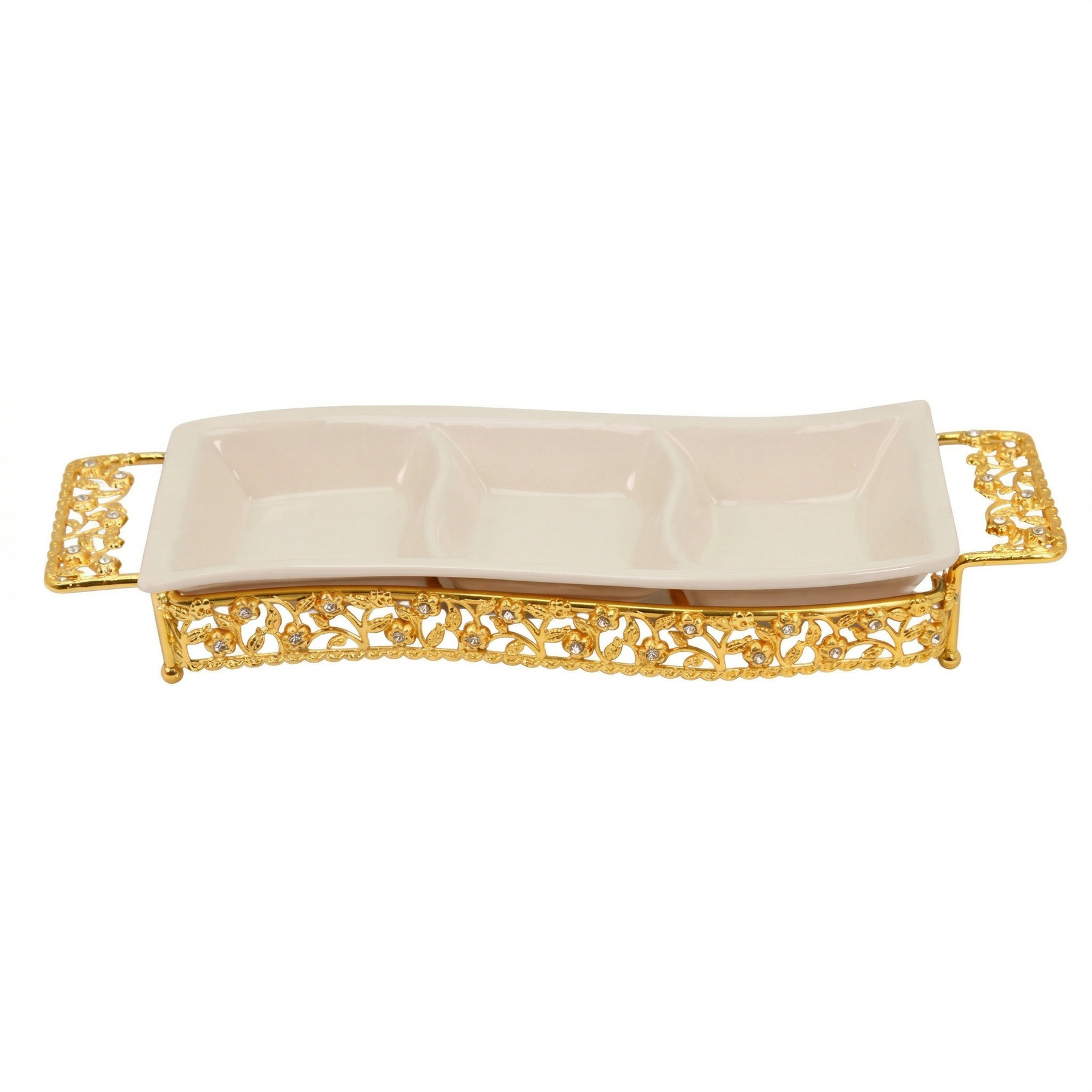 ZEYVE Luxury Triple-Section Ceramic Serving Dish with Gold Metal Stand