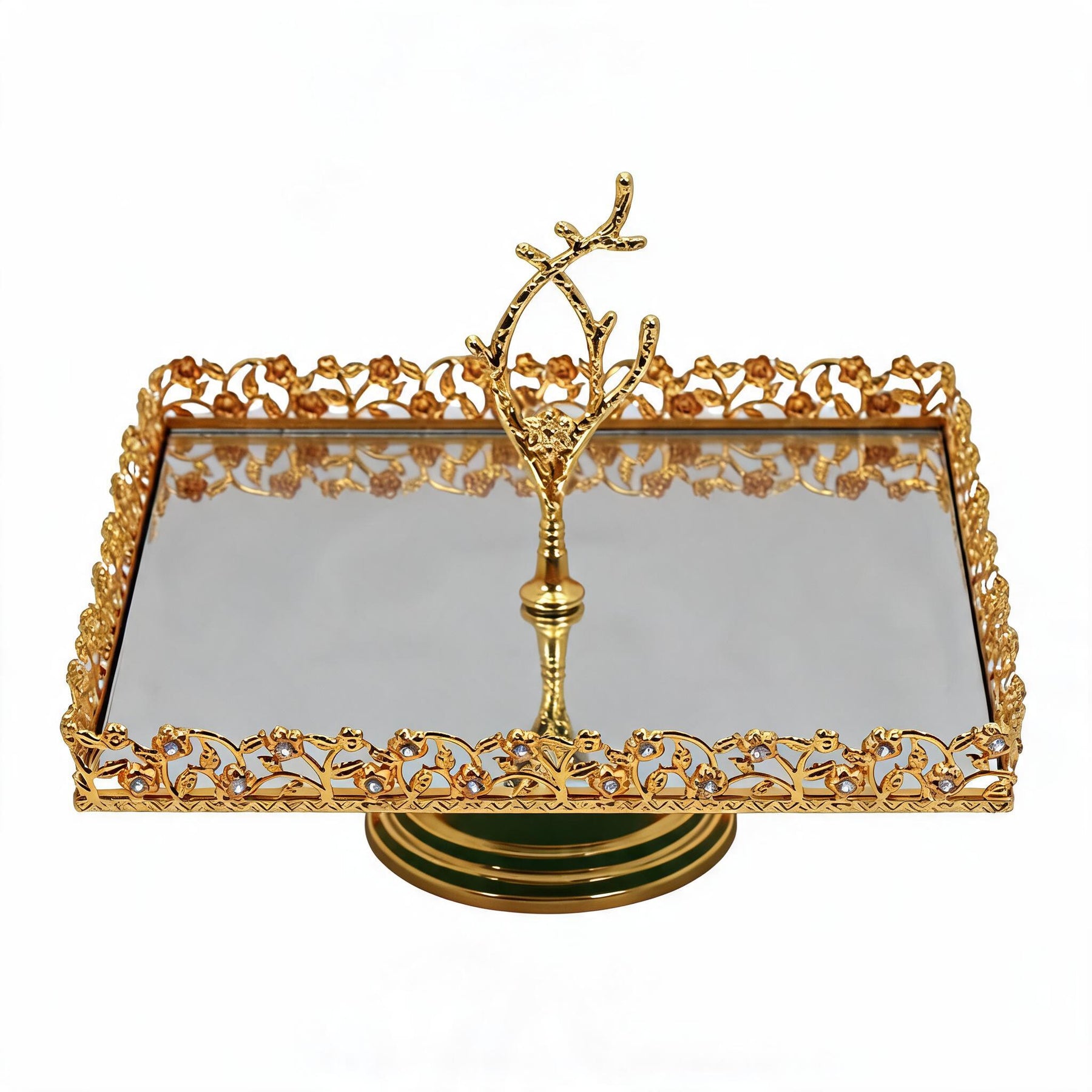 ZEYVE Luxury Gold Mirrored Serving Stand with Ornate Branch Handle