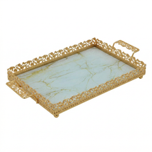 Zeyve Gold Rectangular Mirrored Serving Tray with Ornate Handles - 18.5" x 10.5"