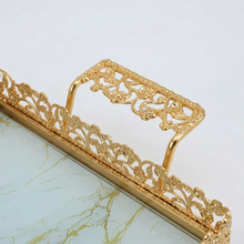 Zeyve Gold Rectangular Mirrored Serving Tray with Ornate Handles - 18.5" x 10.5"
