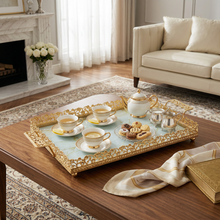 Zeyve Gold Rectangular Mirrored Serving Tray with Ornate Handles - 18.5" x 10.5"