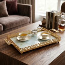 Zeyve Gold Rectangular Mirrored Serving Tray with Ornate Handles - 18.5" x 10.5"