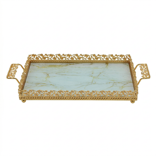 Zeyve Gold Rectangular Mirrored Serving Tray with Ornate Handles - 18.5" x 10.5"