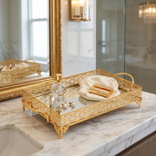 ZEYVE Rectangular Mirrored Serving Tray with Decorative Metal Frame - Gold (Medium)