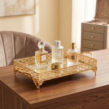 ZEYVE Rectangular Mirrored Serving Tray with Decorative Metal Frame - Gold (Medium)