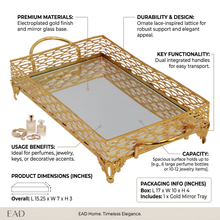 ZEYVE Rectangular Mirrored Serving Tray with Decorative Metal Frame - Gold (Medium)