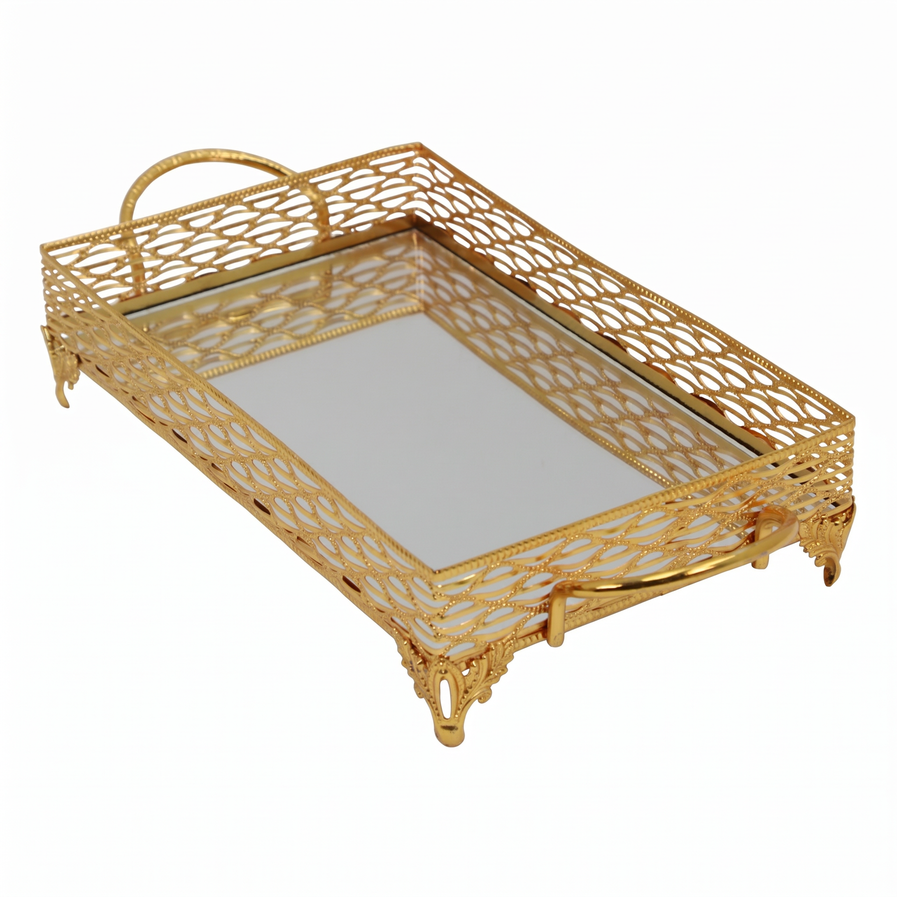 ZEYVE Rectangular Mirrored Serving Tray with Decorative Metal Frame - Gold (Medium)