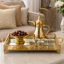 ZEYVE Rectangular Mirrored Serving Tray with Decorative Metal Frame - Gold