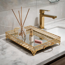 ZEYVE Rectangular Mirrored Serving Tray with Decorative Metal Frame - Gold