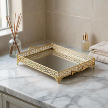 ZEYVE Rectangular Mirrored Serving Tray with Decorative Metal Frame - Gold