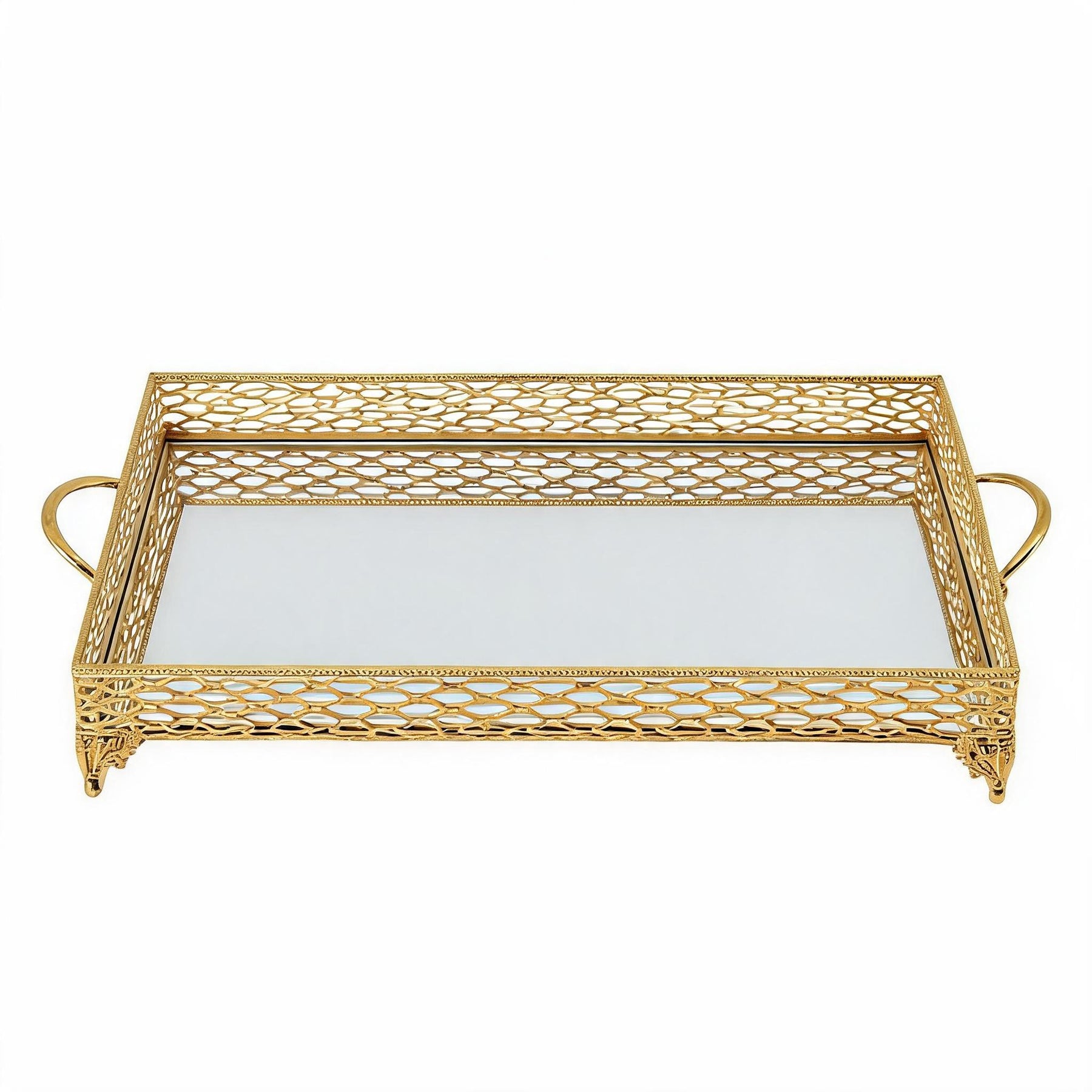 ZEYVE Rectangular Mirrored Serving Tray with Decorative Metal Frame - Gold