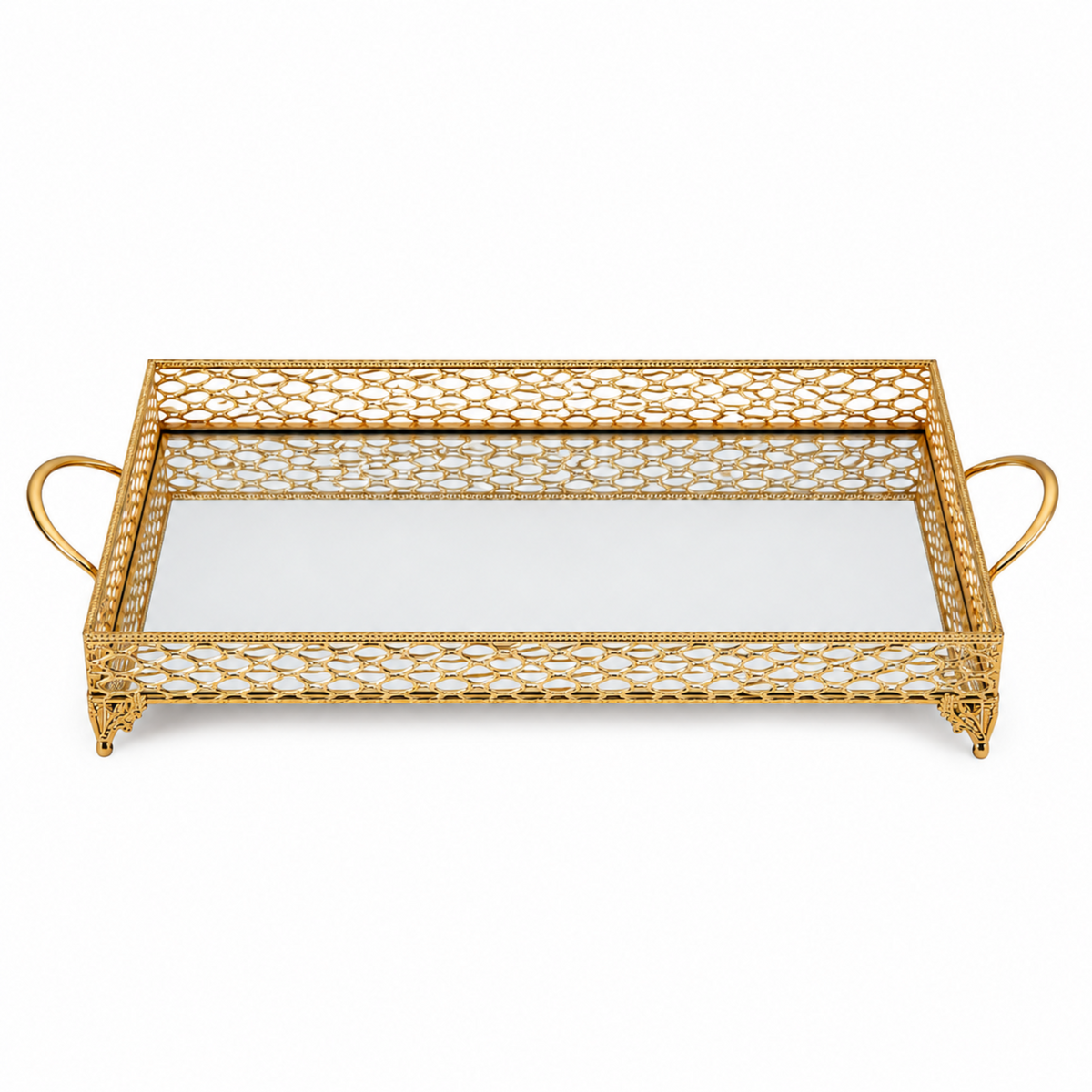 ZEYVE Rectangular Mirrored Serving Tray with Decorative Metal Frame - Gold