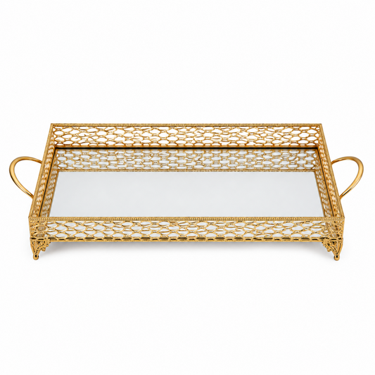 ZEYVE Rectangular Mirrored Serving Tray with Decorative Metal Frame - Gold