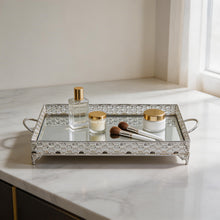 ZEYVE Rectangular Mirrored Serving Tray with Decorative Metal Frame - Silver