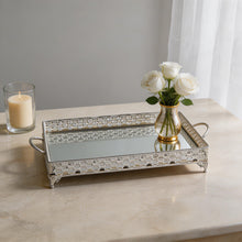 ZEYVE Rectangular Mirrored Serving Tray with Decorative Metal Frame - Silver