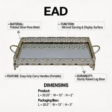 ZEYVE Rectangular Mirrored Serving Tray with Decorative Metal Frame - Silver