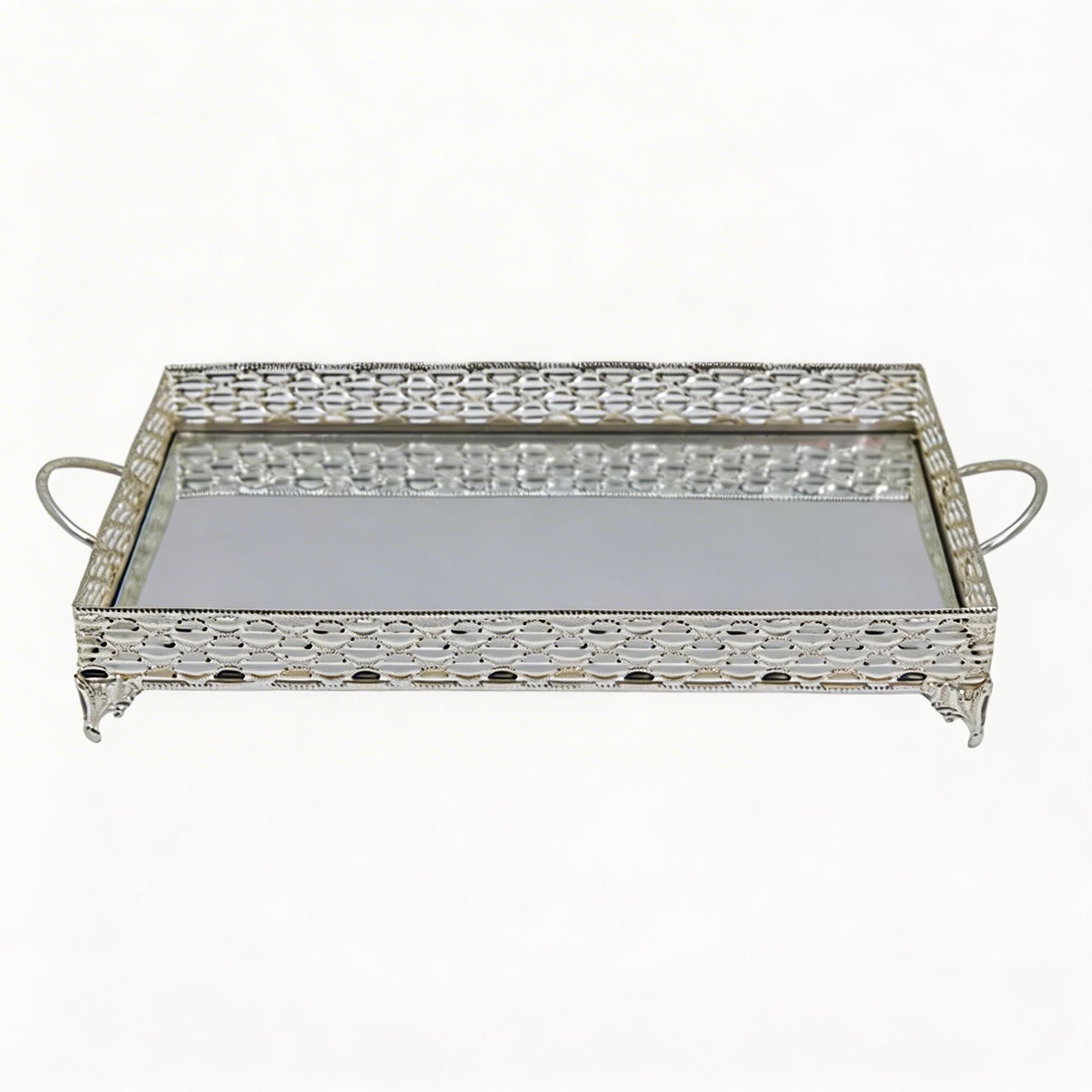 ZEYVE Rectangular Mirrored Serving Tray with Decorative Metal Frame - Silver