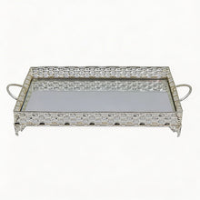 ZEYVE Rectangular Mirrored Serving Tray with Decorative Metal Frame - Silver